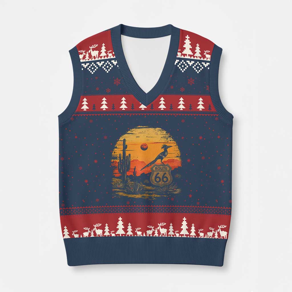Route Highway 66 Roadrunner Desert Sunset Arizona V-Neck Knit Sweater Vest Cactus Landscape Texas Nevada Southwest Bird Lover