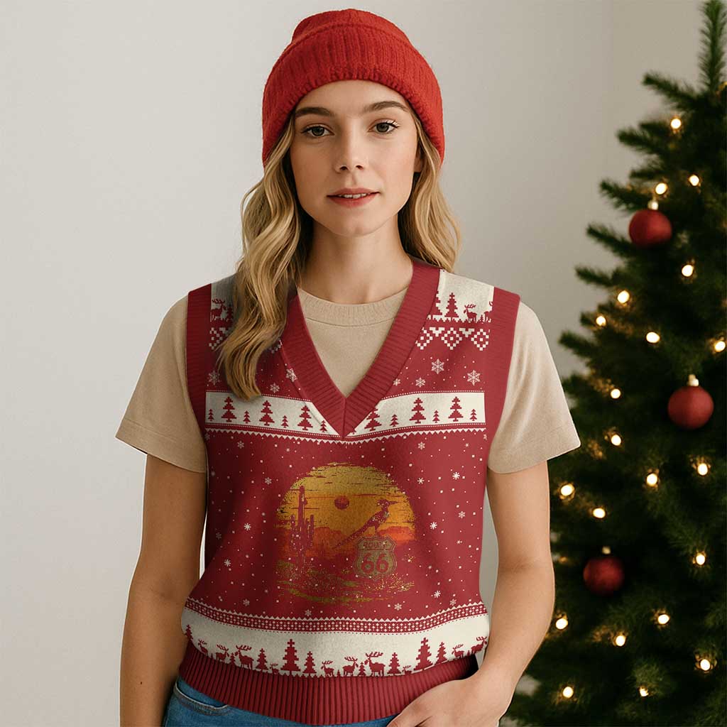 Route Highway 66 Roadrunner Desert Sunset Arizona V-Neck Knit Sweater Vest Cactus Landscape Texas Nevada Southwest Bird Lover