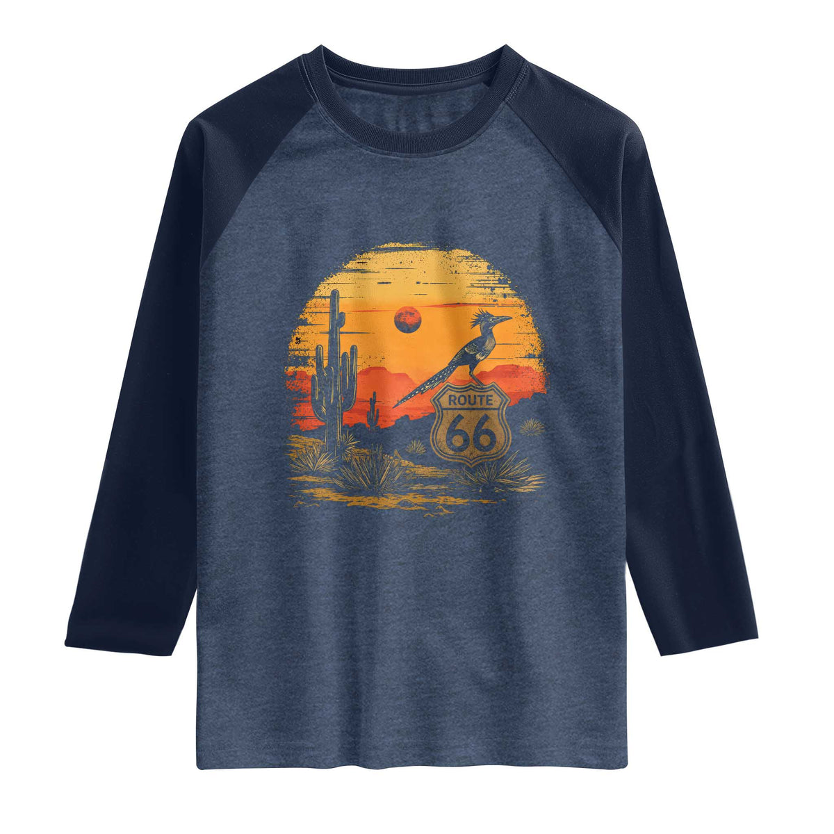 Route Highway 66 Roadrunner Desert Sunset Arizona Raglan Shirt Cactus Landscape Texas Nevada Southwest Bird Lover