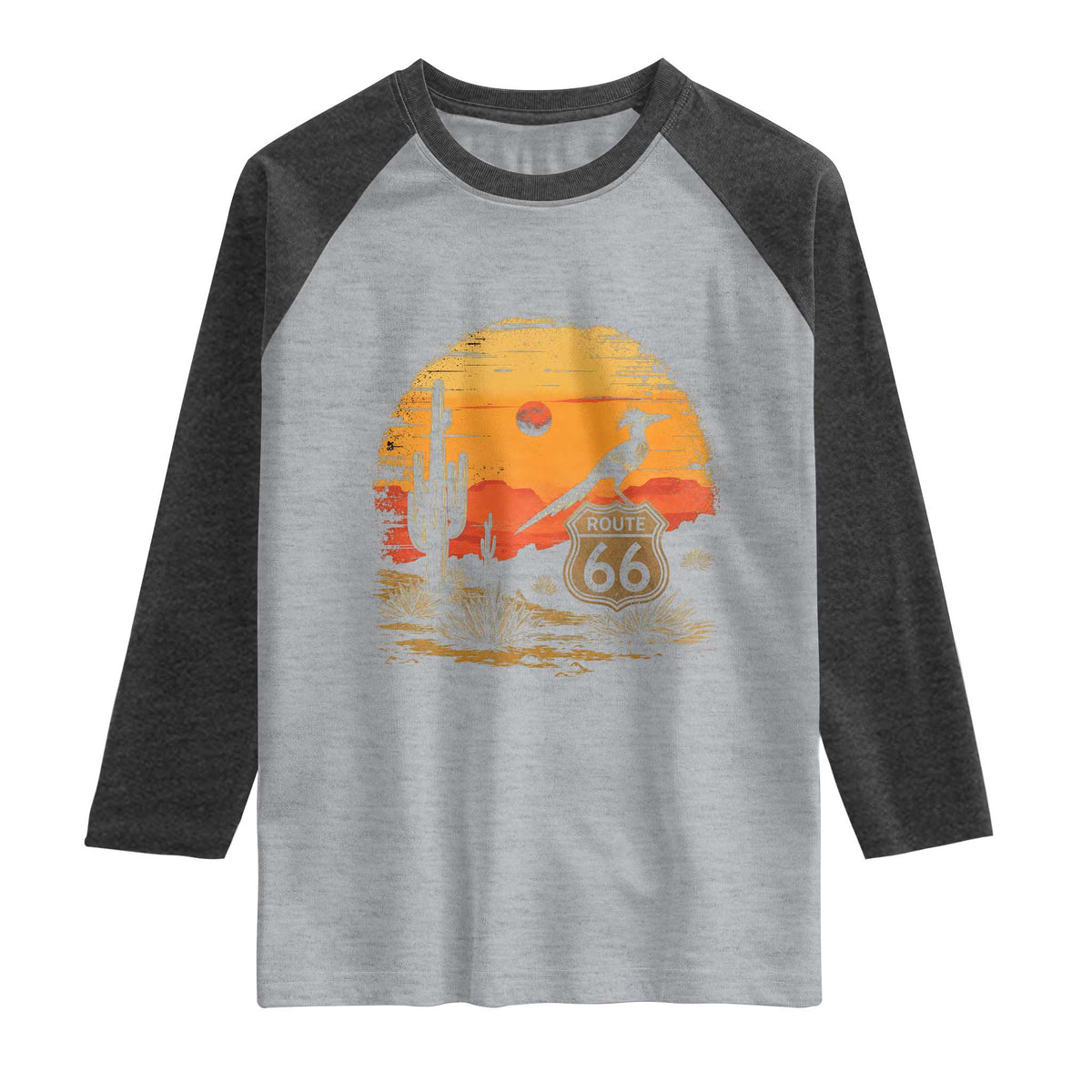 Route Highway 66 Roadrunner Desert Sunset Arizona Raglan Shirt Cactus Landscape Texas Nevada Southwest Bird Lover