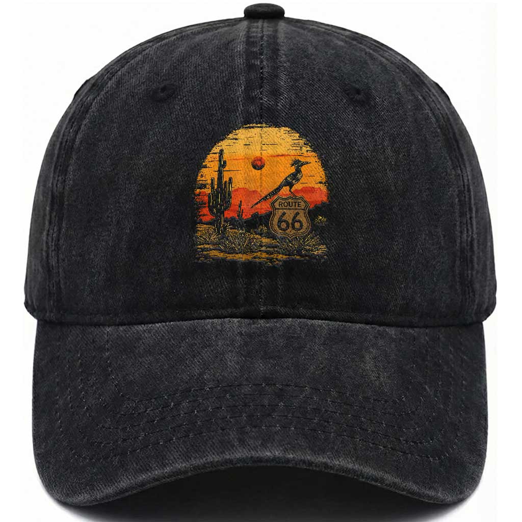 Route Highway 66 Roadrunner Desert Sunset Arizona Washed Cotton Baseball Cap Cactus Landscape Texas Nevada Southwest Bird Lover