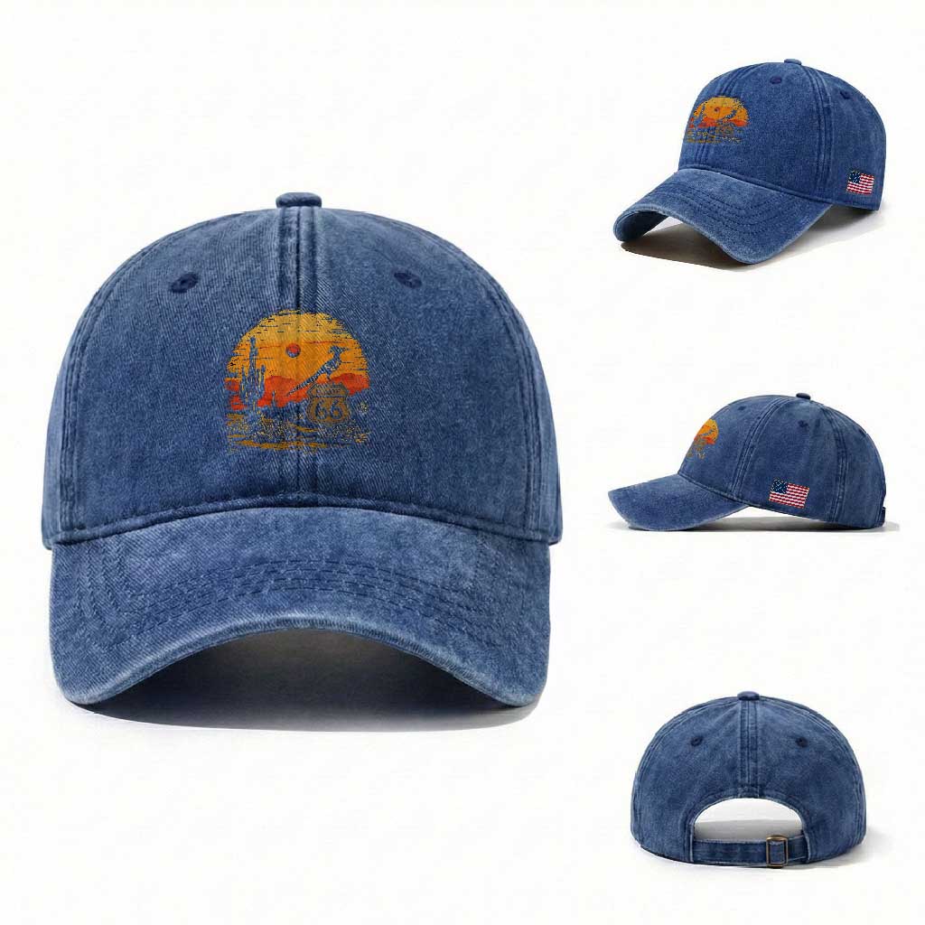 Route Highway 66 Roadrunner Desert Sunset Arizona Washed Cotton Baseball Cap Cactus Landscape Texas Nevada Southwest Bird Lover