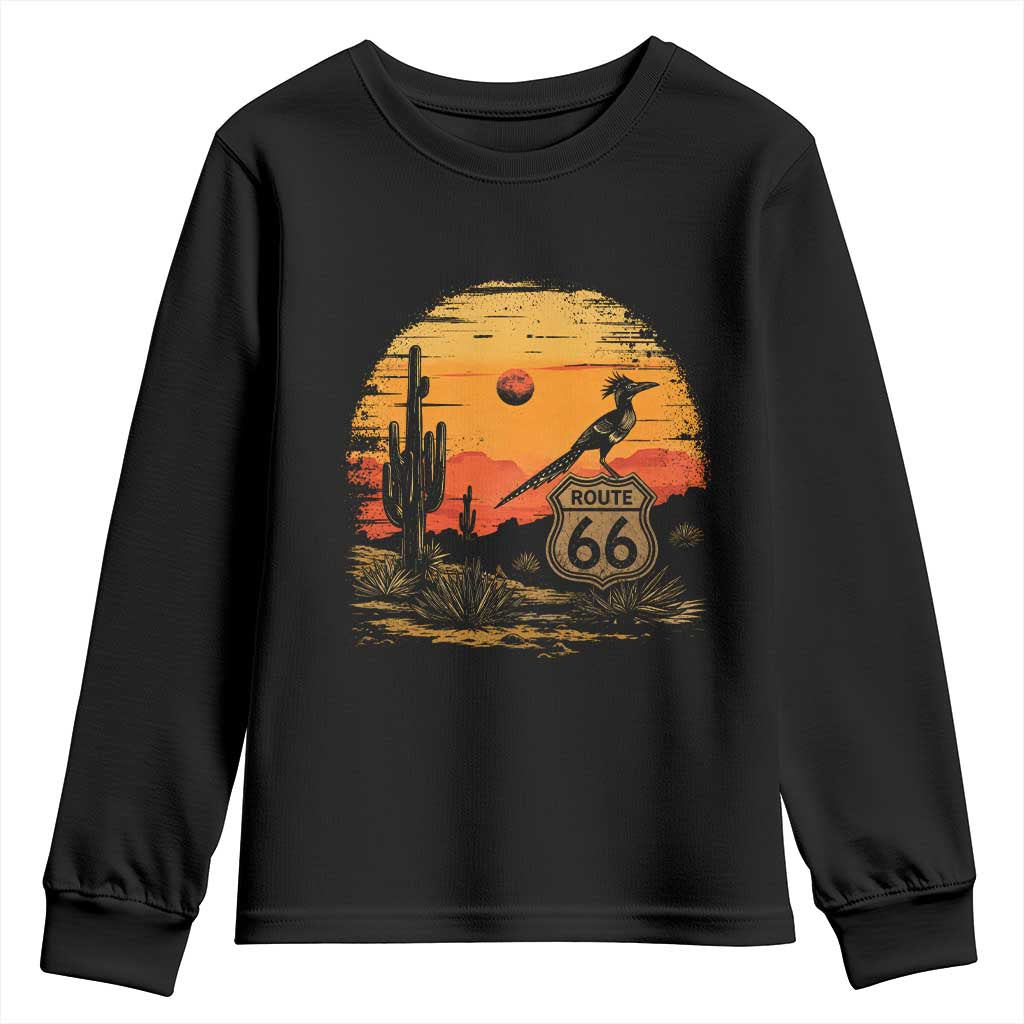 Route Highway 66 Roadrunner Desert Sunset Arizona Youth Sweatshirt Cactus Landscape Texas Nevada Southwest Bird Lover