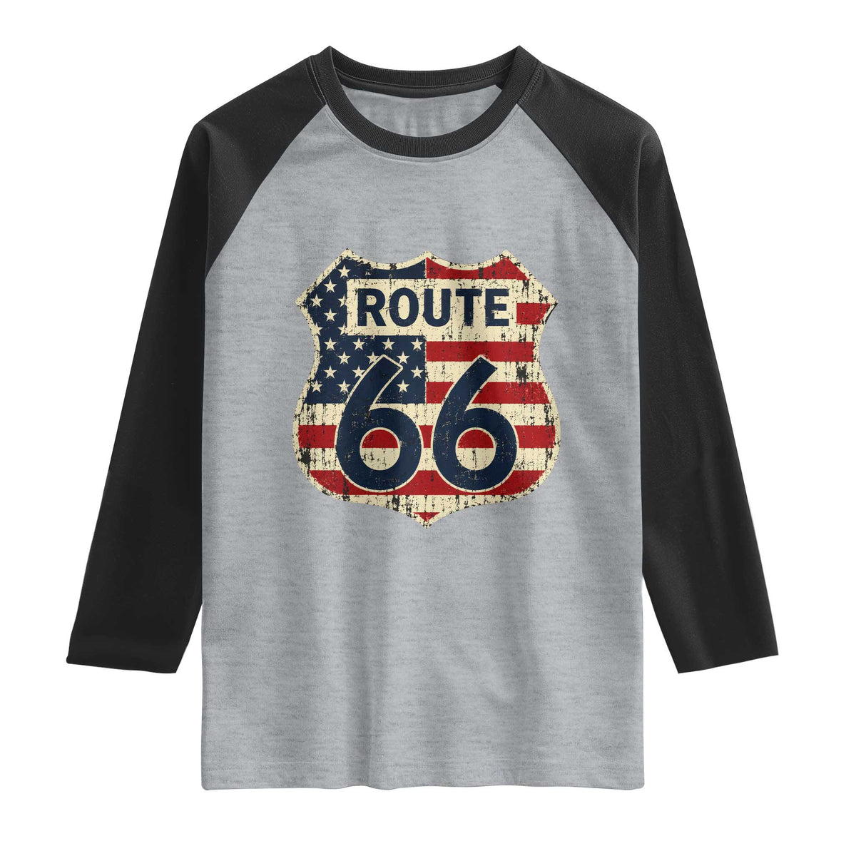 Route US 66 American Flag Americana Road Trip Raglan Shirt