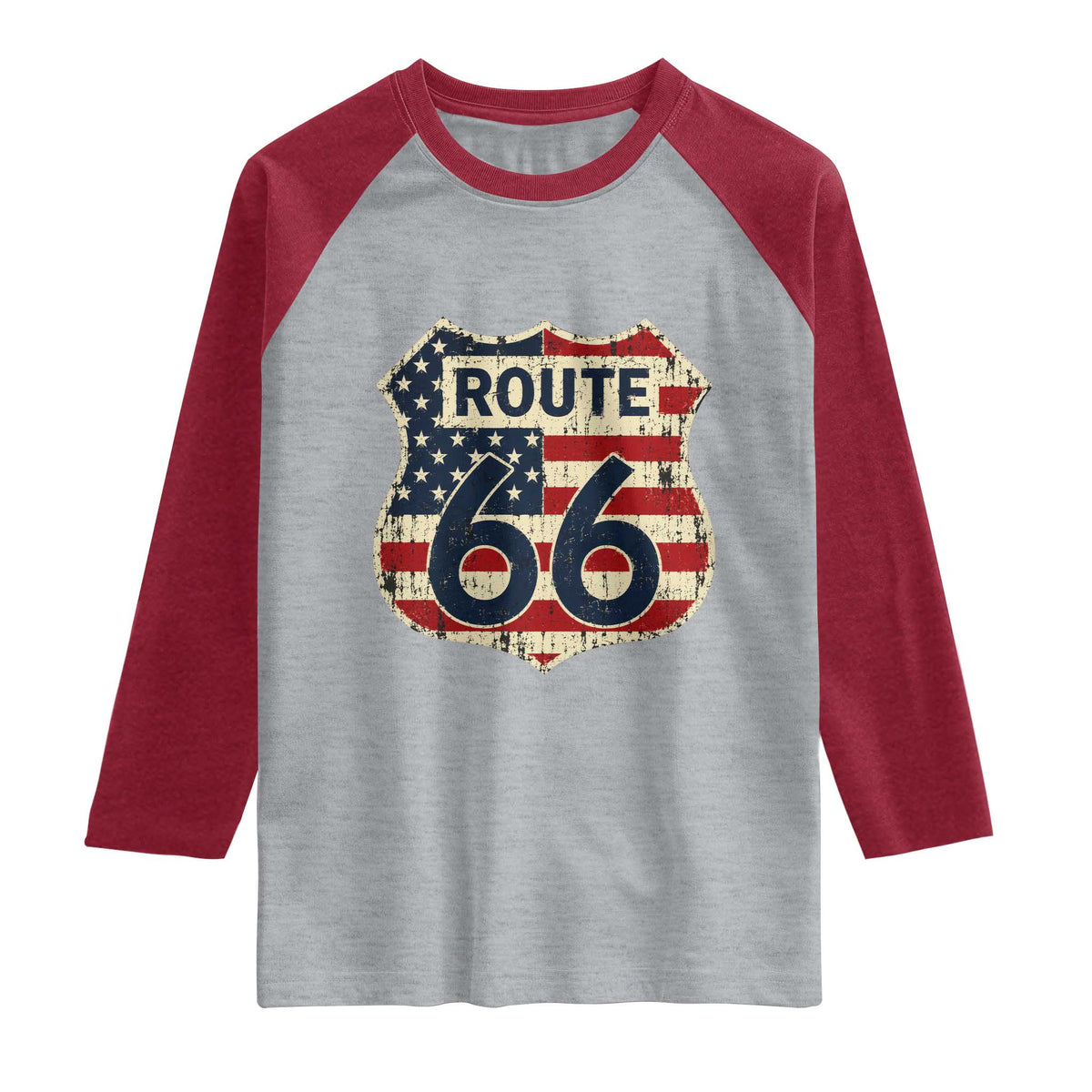 Route US 66 American Flag Americana Road Trip Raglan Shirt