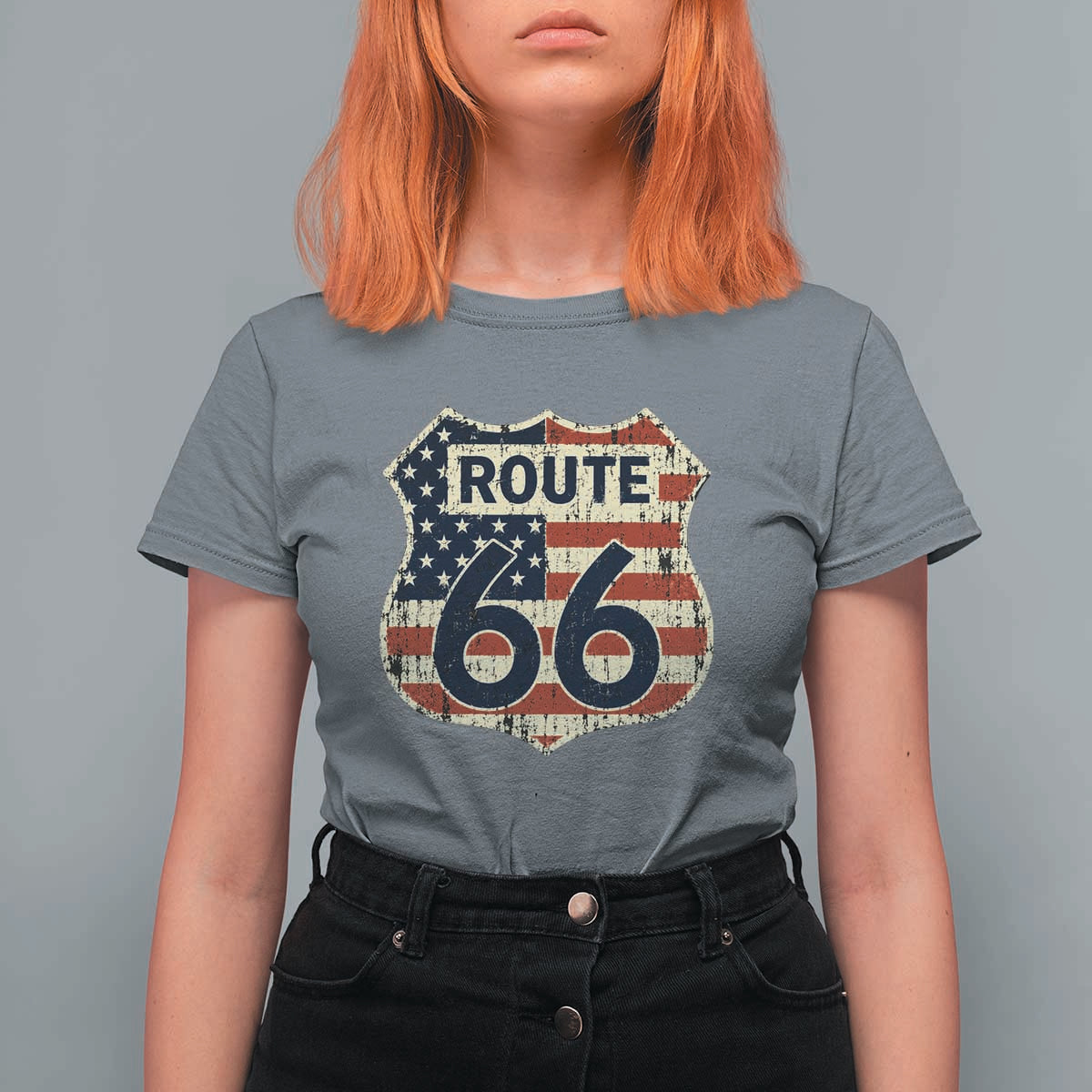Route US 66 American Flag Americana Road Trip T Shirt For Women