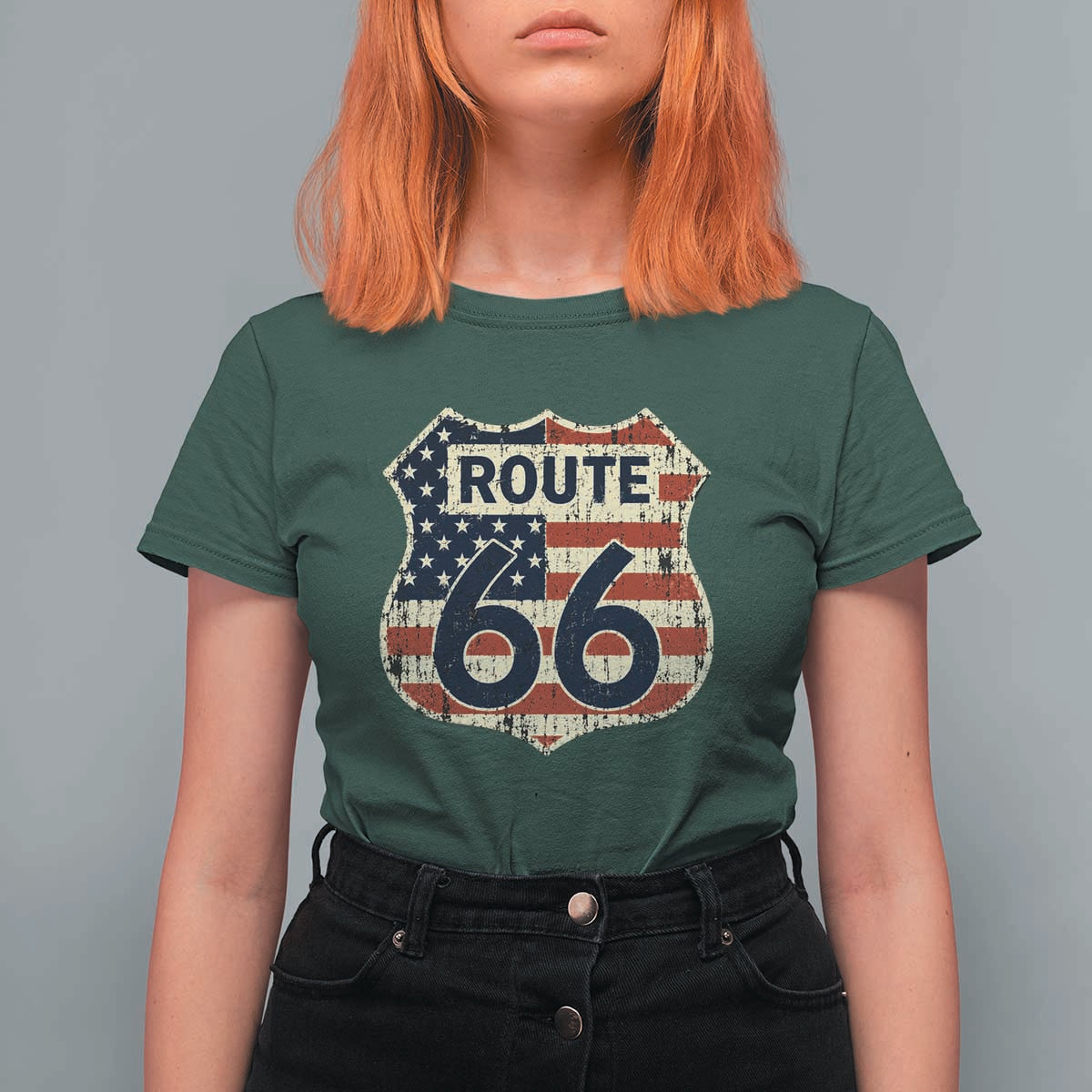 Route US 66 American Flag Americana Road Trip T Shirt For Women