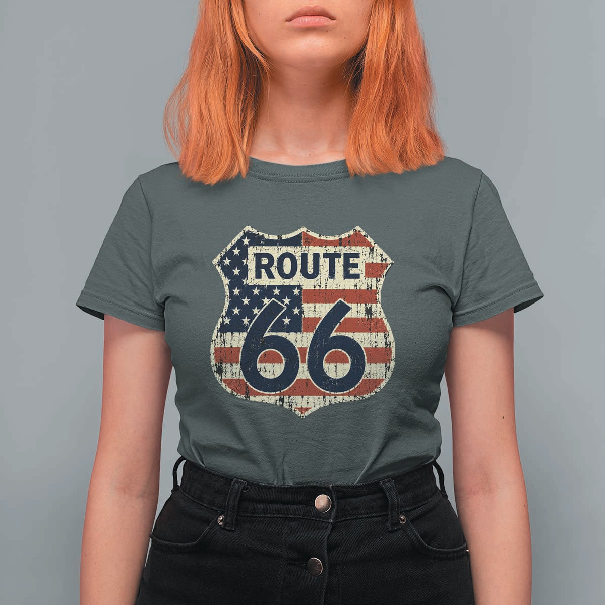 Route US 66 American Flag Americana Road Trip T Shirt For Women