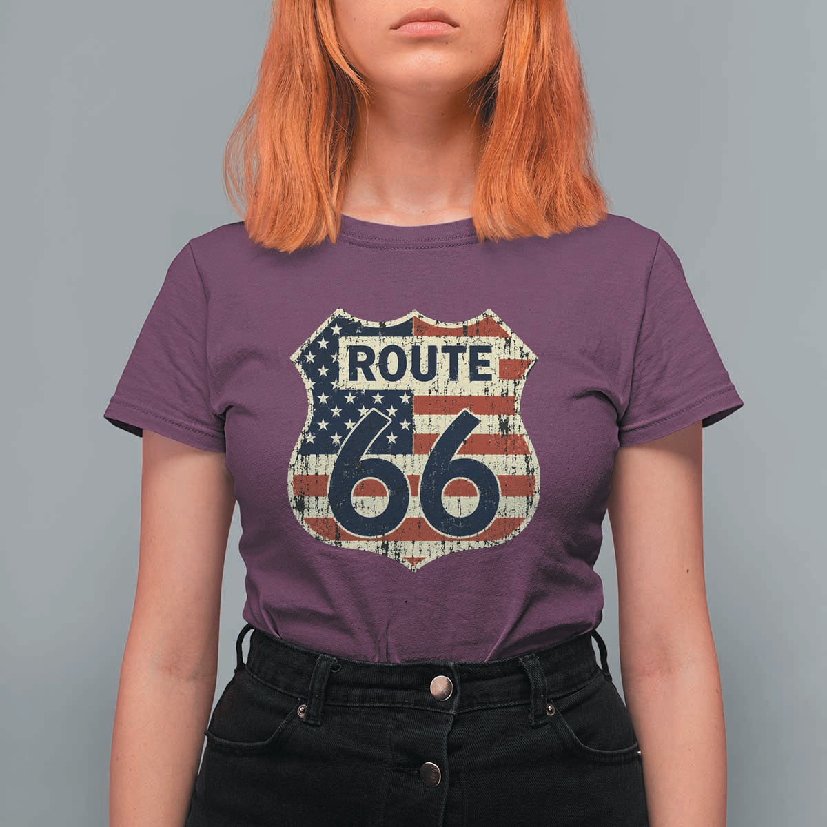 Route US 66 American Flag Americana Road Trip T Shirt For Women
