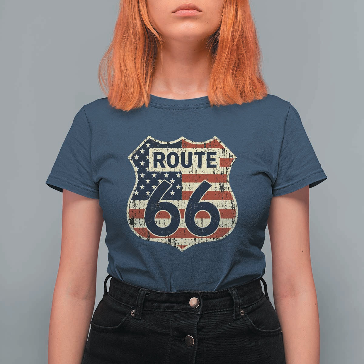 Route US 66 American Flag Americana Road Trip T Shirt For Women