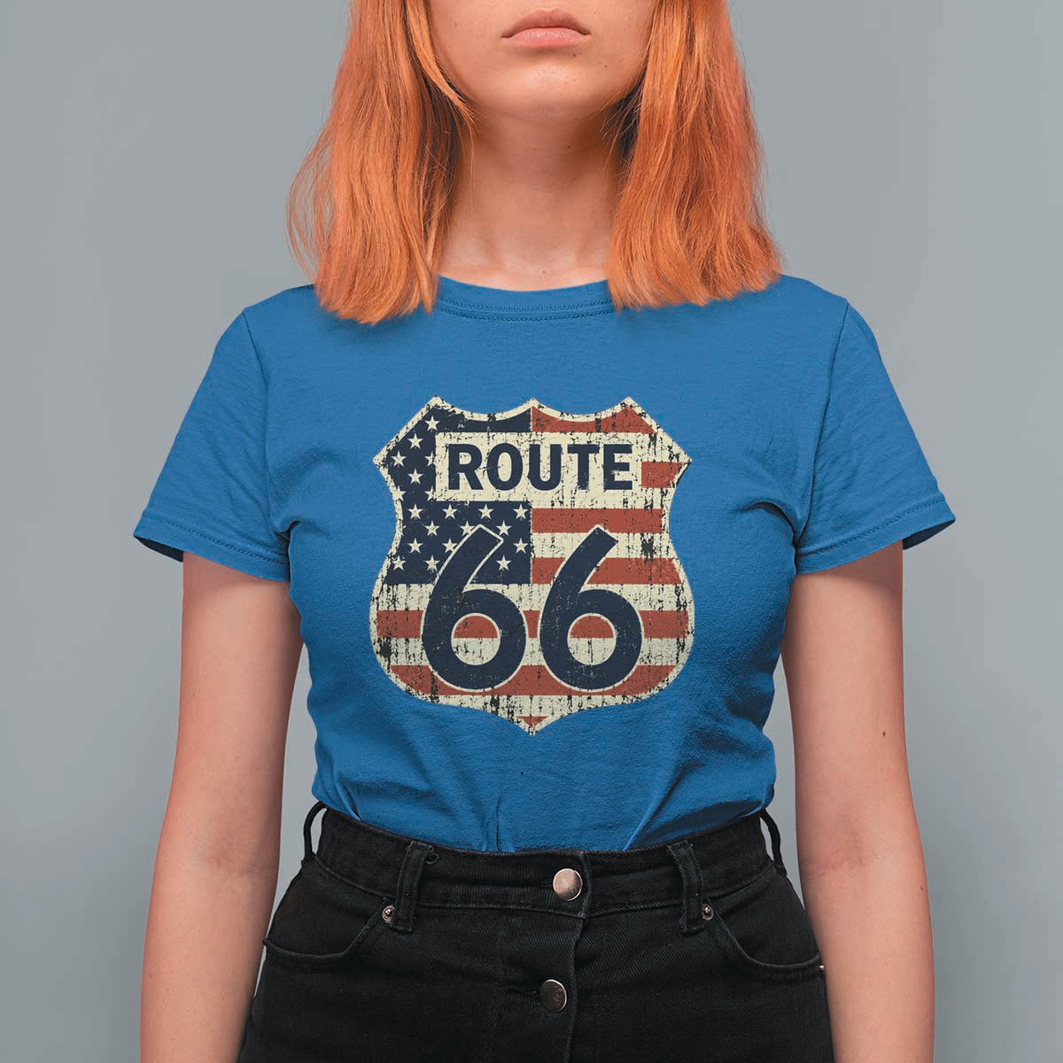 Route US 66 American Flag Americana Road Trip T Shirt For Women