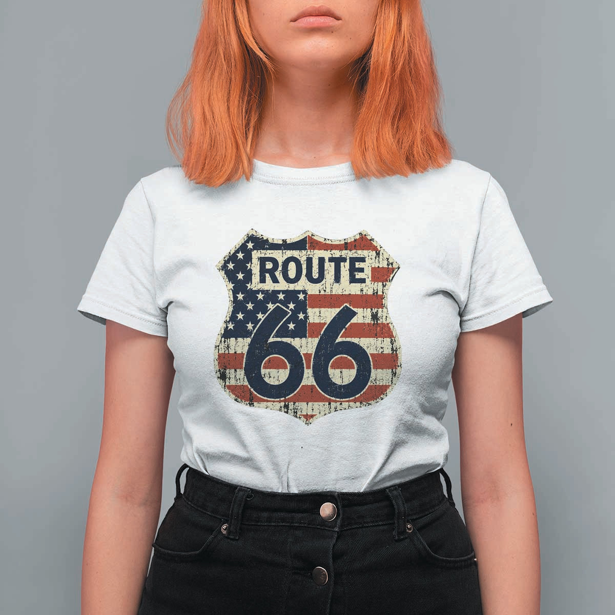 Route US 66 American Flag Americana Road Trip T Shirt For Women