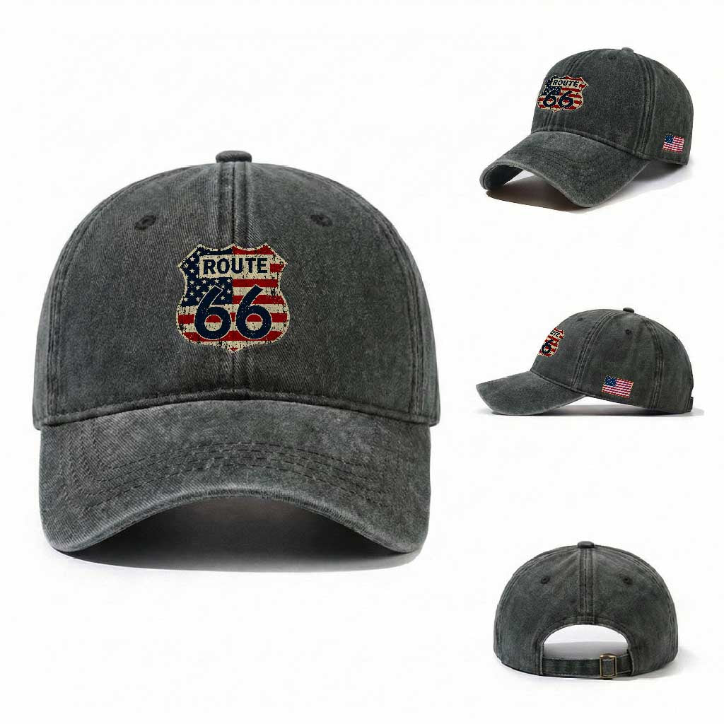 Route US 66 American Flag Americana Road Trip Washed Cotton Baseball Cap