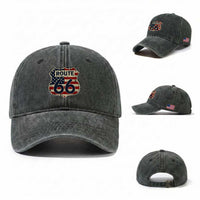 Route US 66 American Flag Americana Road Trip Washed Cotton Baseball Cap