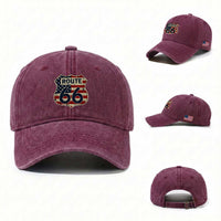 Route US 66 American Flag Americana Road Trip Washed Cotton Baseball Cap