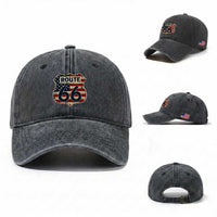Route US 66 American Flag Americana Road Trip Washed Cotton Baseball Cap