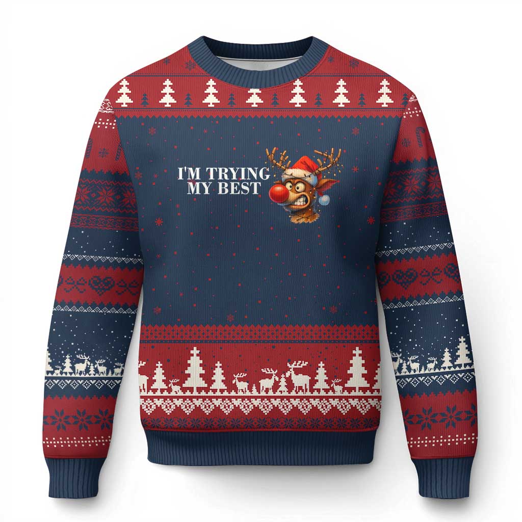 Funny Reindeer Xmas Meme Ugly Christmas Sweater I Am Trying My Best - Wonder Print Shop