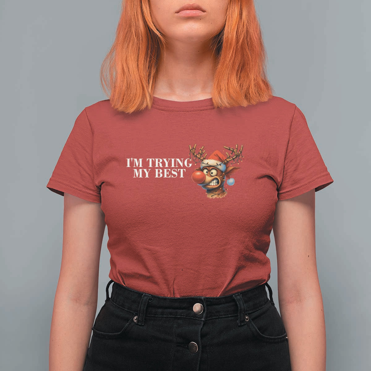 Funny Reindeer Christmas Meme T Shirt For Women I Am Trying My Best - Wonder Print Shop