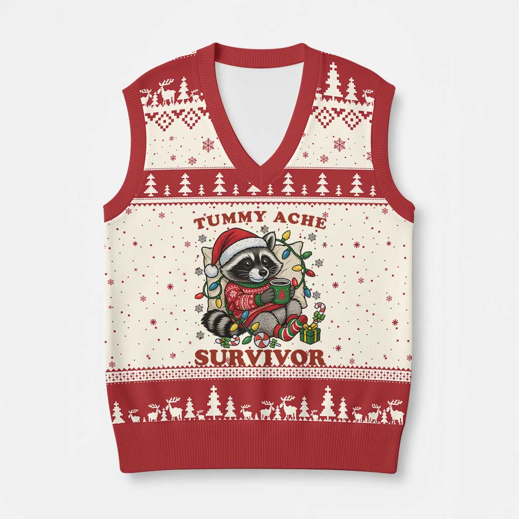 Funny Racoon Xmas Meme V-Neck Knit Sweater Vest Tummy Ache Survivor - Wonder Print Shop