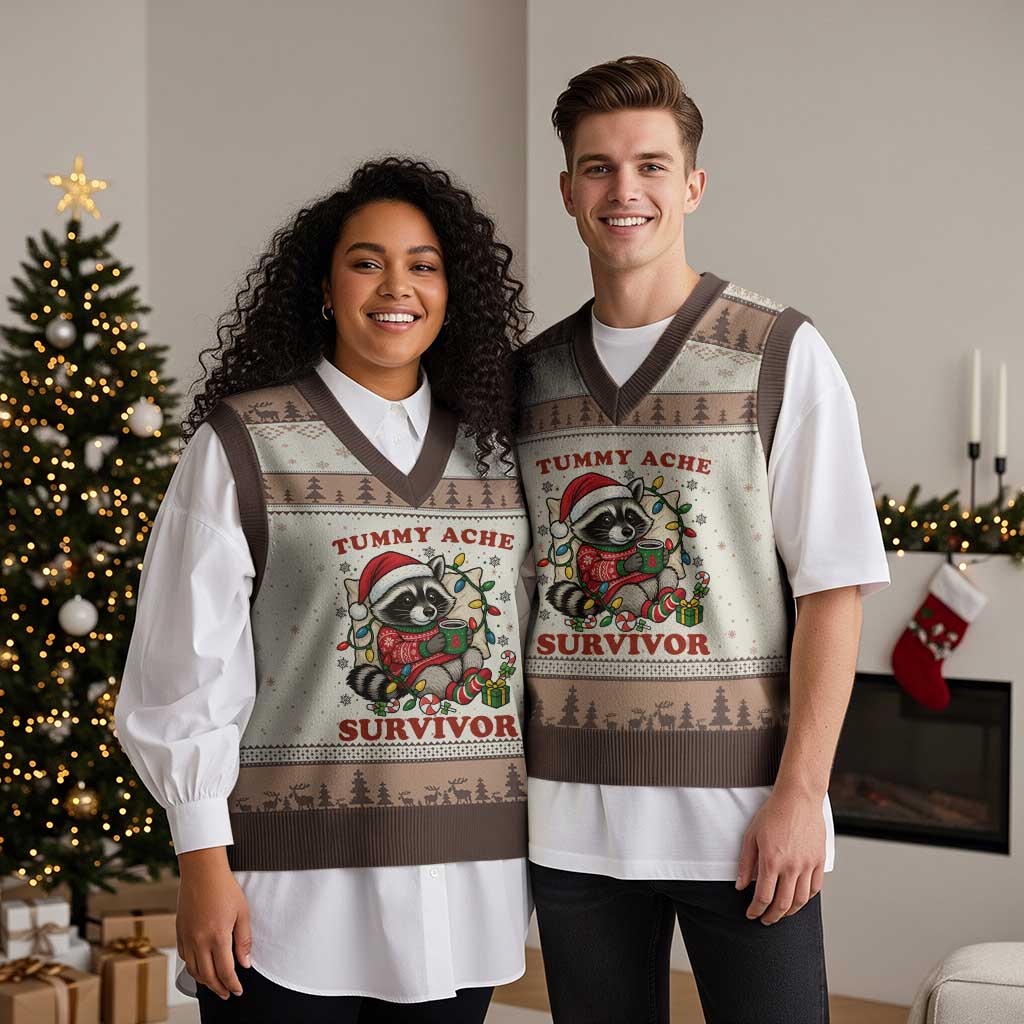 Funny Racoon Xmas Meme V-Neck Knit Sweater Vest Tummy Ache Survivor - Wonder Print Shop
