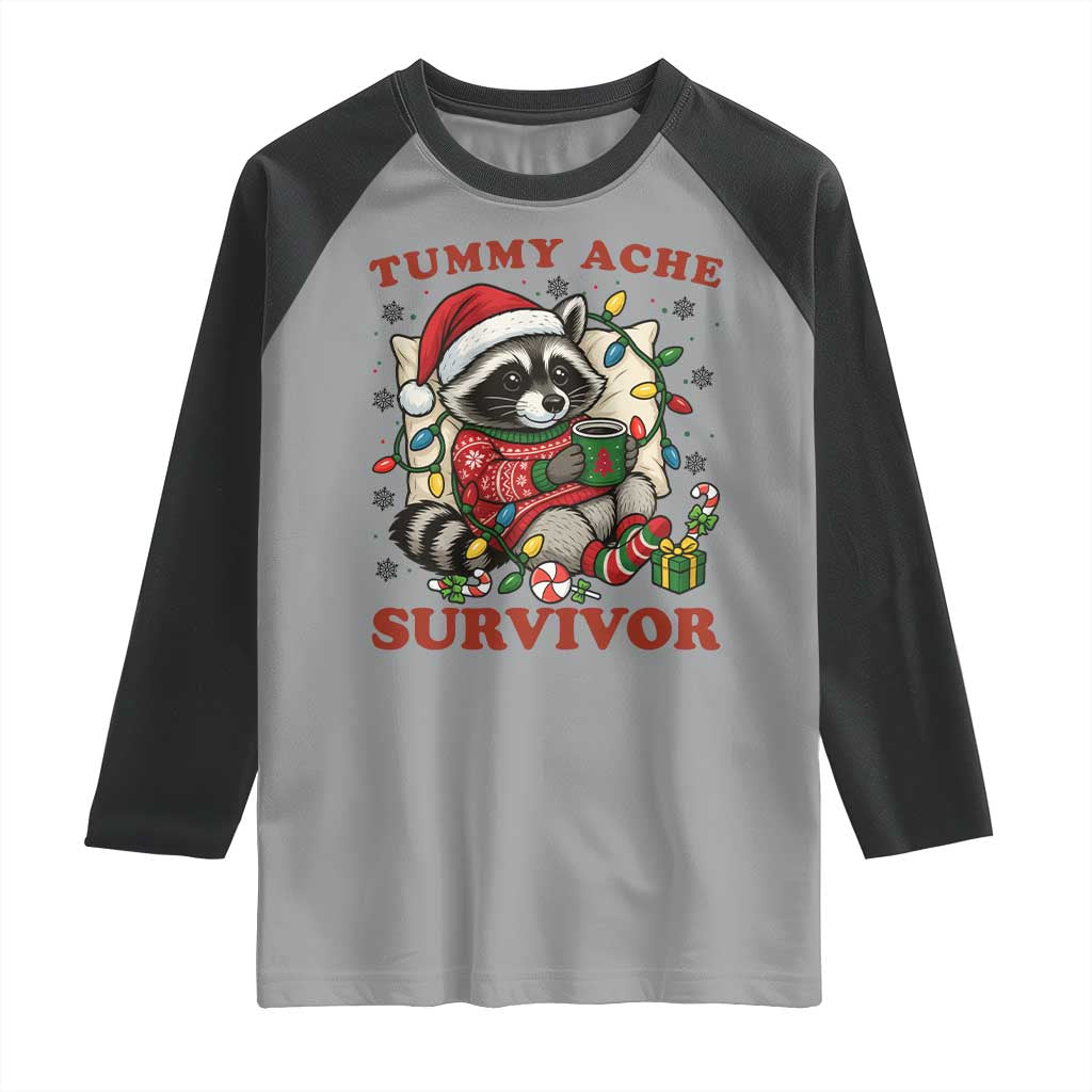 Funny Racoon Christmas Meme Raglan Shirt Tummy Ache Survivor - Wonder Print Shop