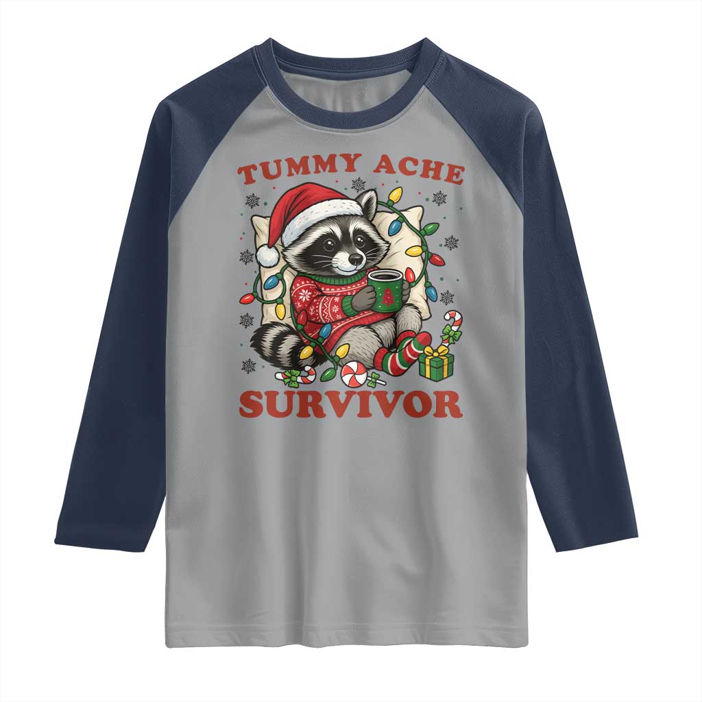 Funny Racoon Christmas Meme Raglan Shirt Tummy Ache Survivor - Wonder Print Shop