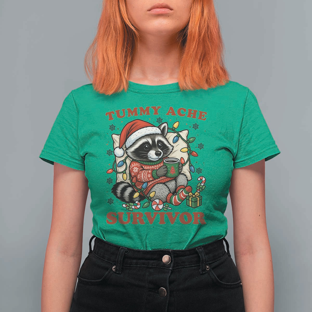 Funny Racoon Christmas Meme T Shirt For Women Tummy Ache Survivor - Wonder Print Shop