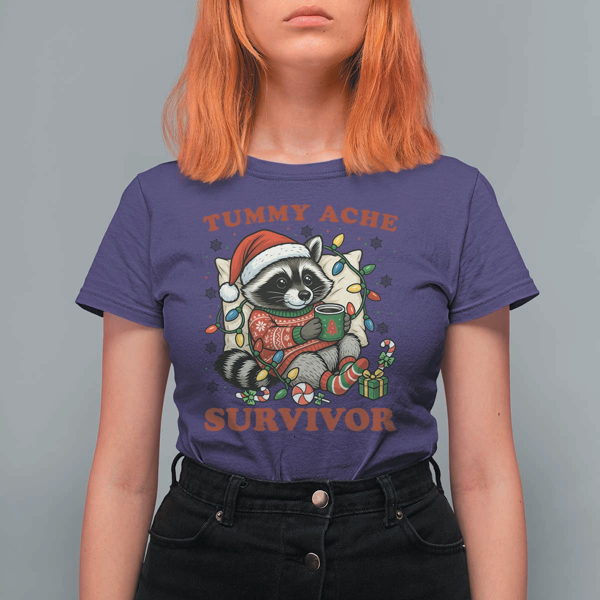 Funny Racoon Christmas Meme T Shirt For Women Tummy Ache Survivor - Wonder Print Shop