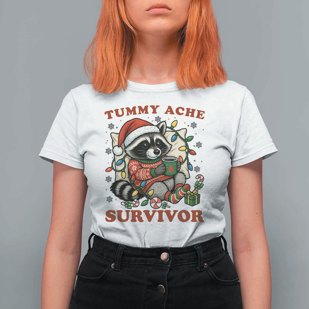 Funny Racoon Christmas Meme T Shirt For Women Tummy Ache Survivor - Wonder Print Shop