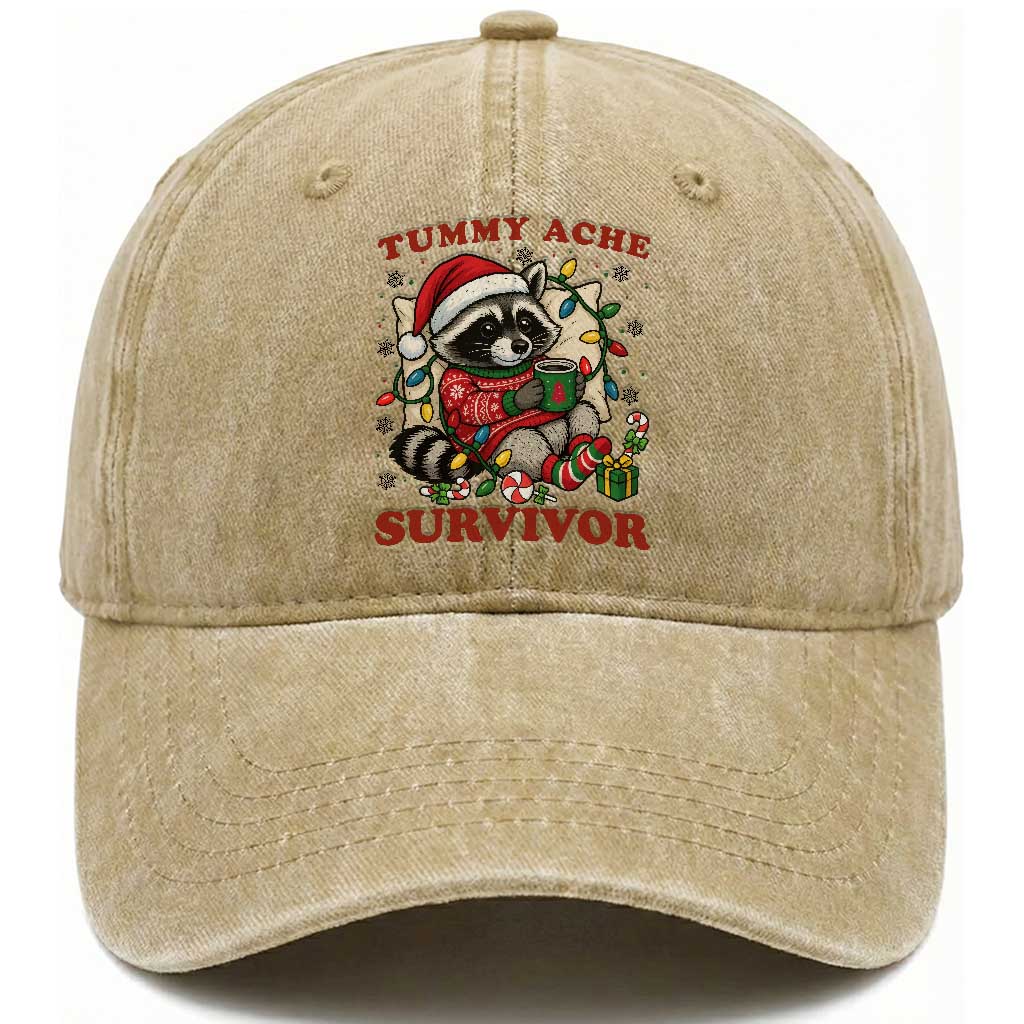 Funny Racoon Christmas Meme Washed Cotton Baseball Cap Tummy Ache Survivor