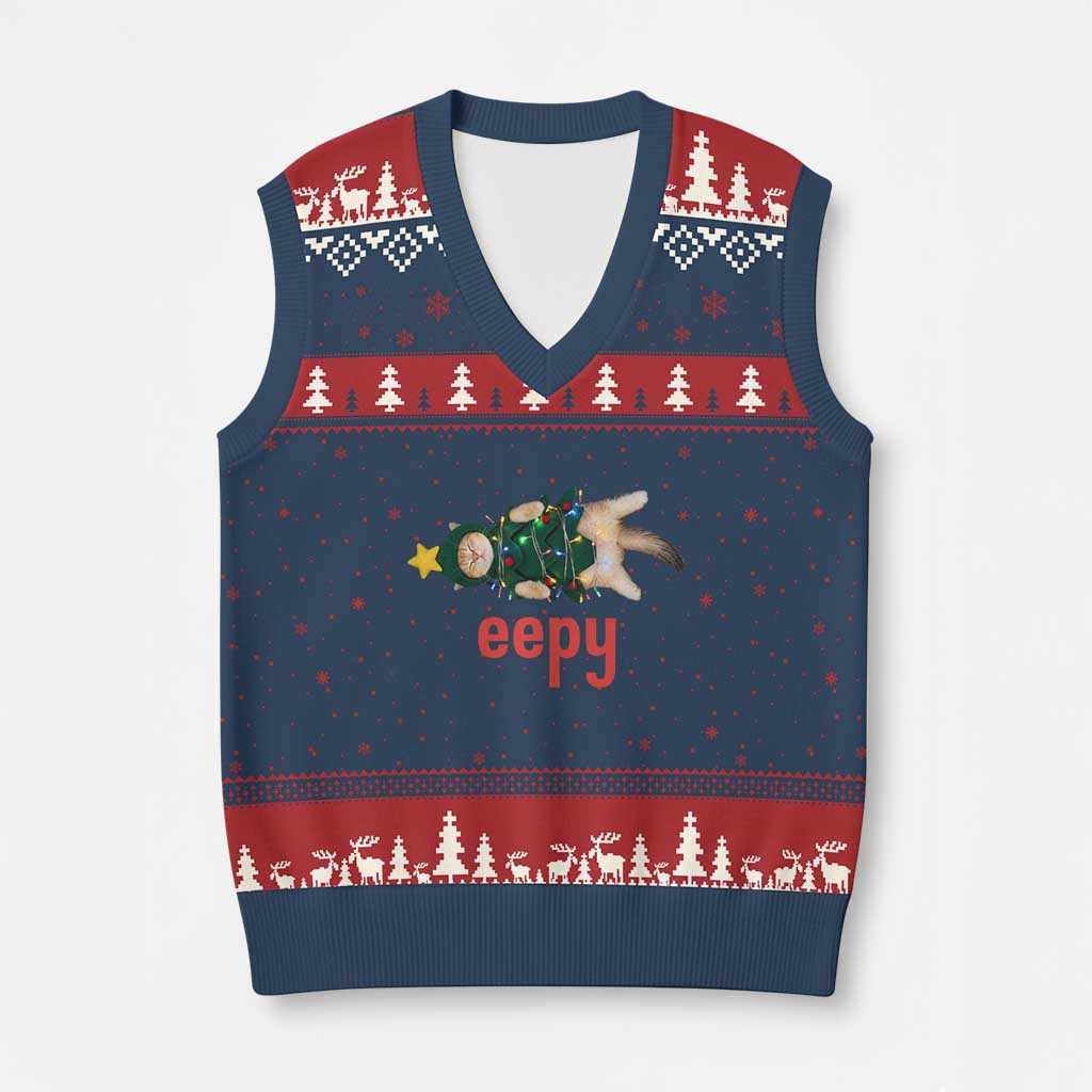 Cat Xmas Meme V-Neck Knit Sweater Vest Eepy Kitten Silly Sleepy - Wonder Print Shop