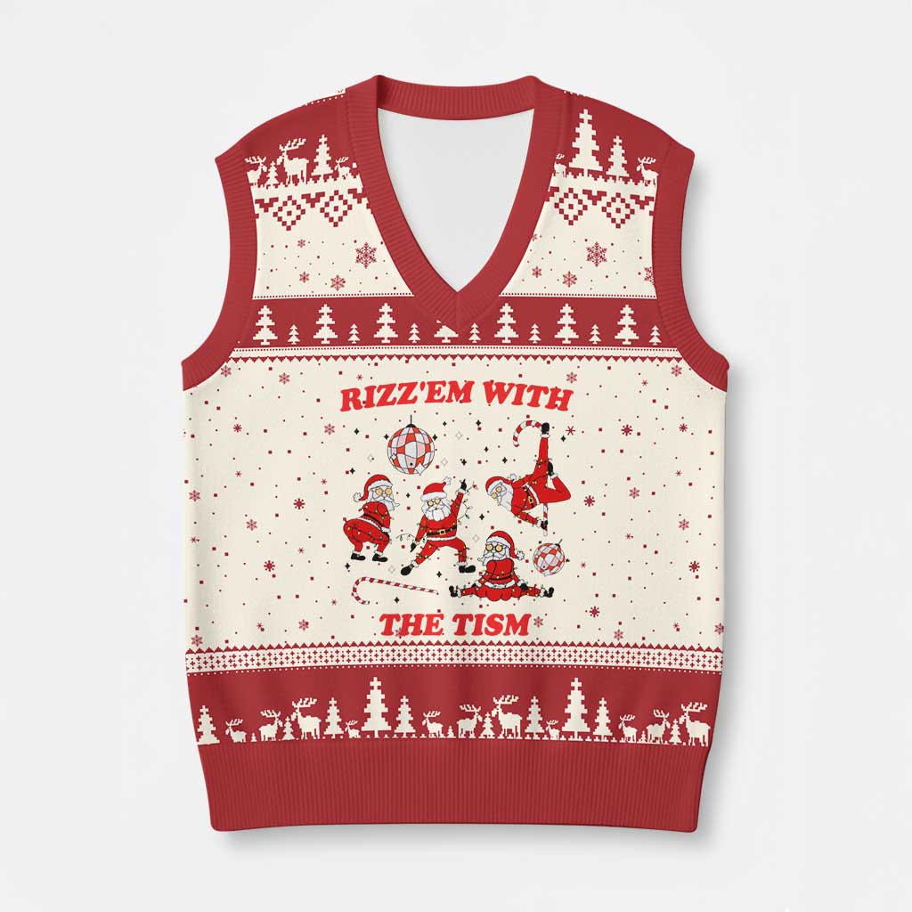 Funny Santa Xmas V-Neck Knit Sweater Vest Rizz Em With The Tism - Wonder Print Shop