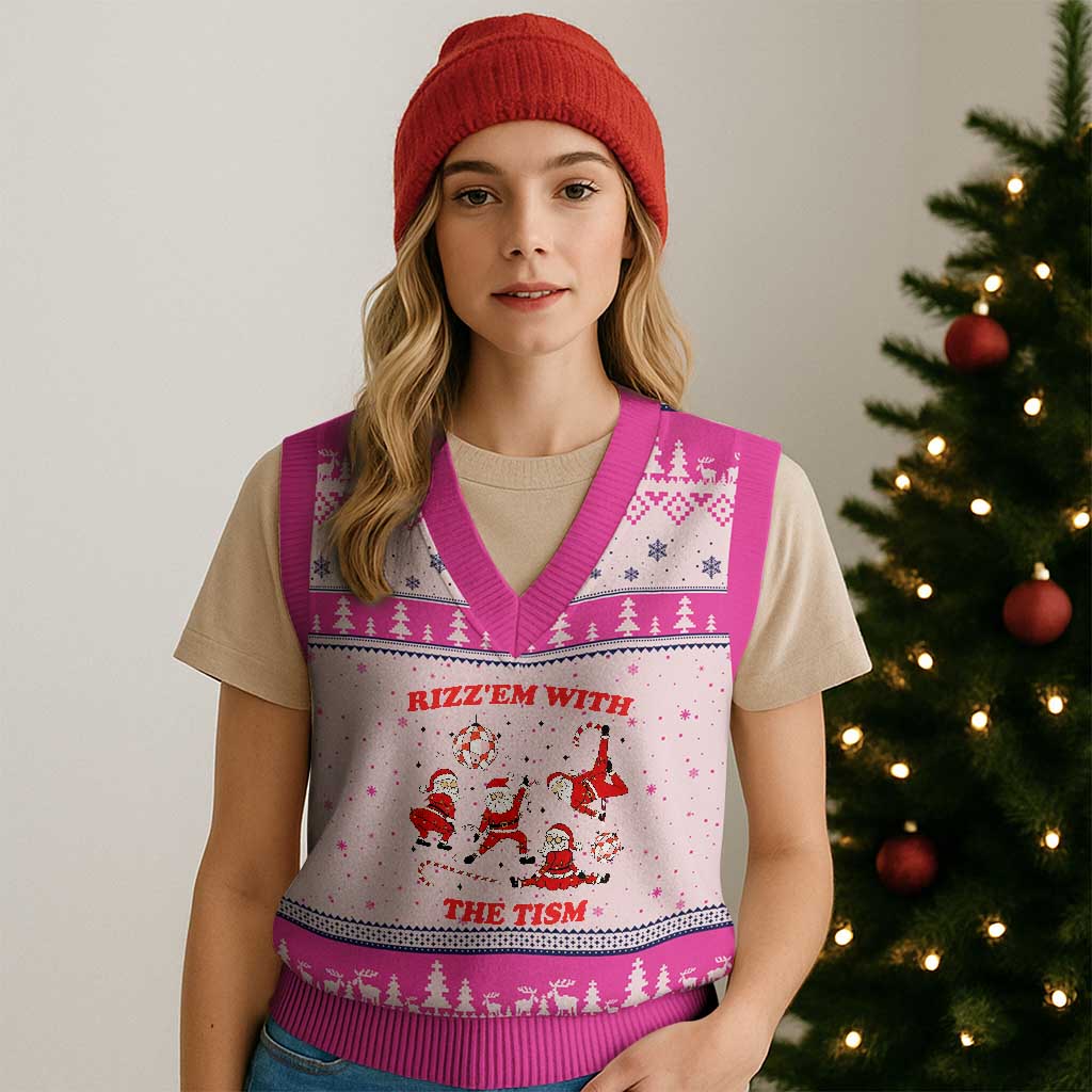 Funny Santa Xmas V-Neck Knit Sweater Vest Rizz Em With The Tism - Wonder Print Shop