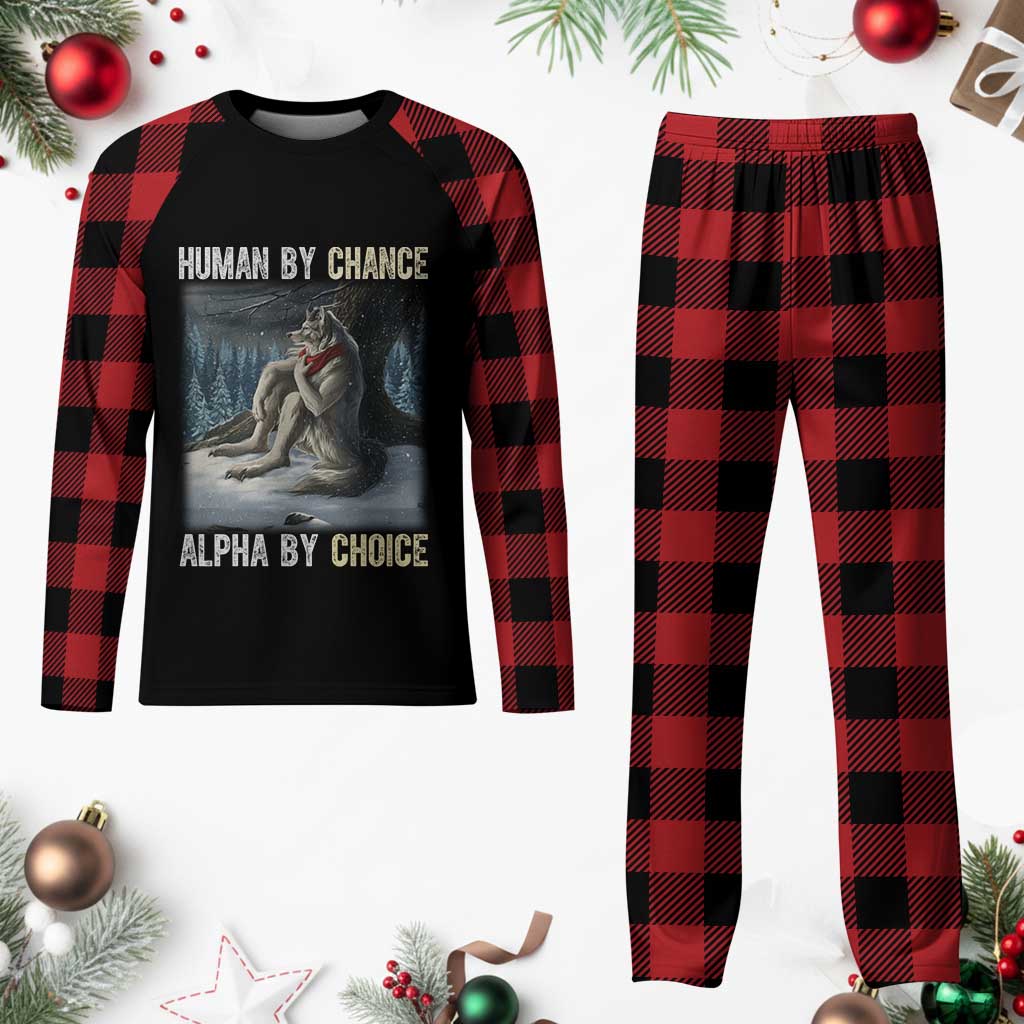 Funny Alpha Wolf Christmas Meme Plaid Pajama Set Human By Chance Alpha By Choice - Wonder Print Shop