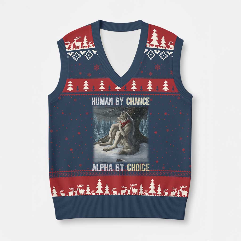 Funny Alpha Wolf Xmas Meme V-Neck Knit Sweater Vest Human By Chance Alpha By Choice - Wonder Print Shop