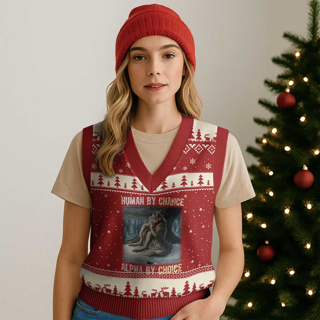 Funny Alpha Wolf Xmas Meme V-Neck Knit Sweater Vest Human By Chance Alpha By Choice - Wonder Print Shop