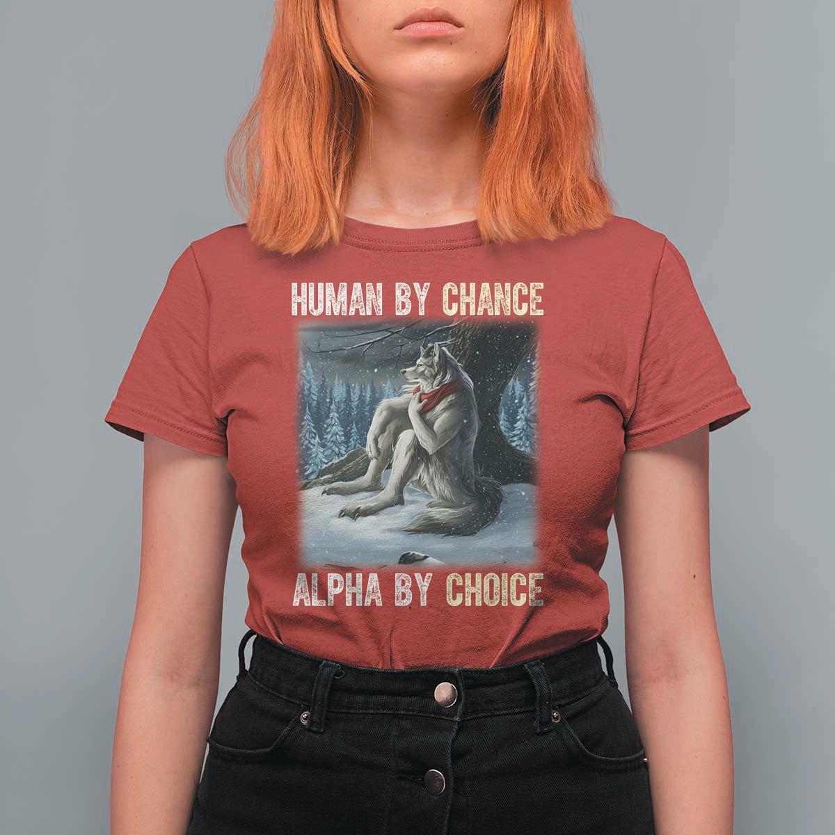 Funny Alpha Wolf Christmas Meme T Shirt For Women Human By Chance Alpha By Choice - Wonder Print Shop