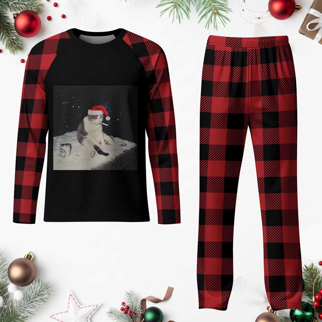 Funny Smoking Cat Christmas Meme Plaid Pajama Set - Wonder Print Shop