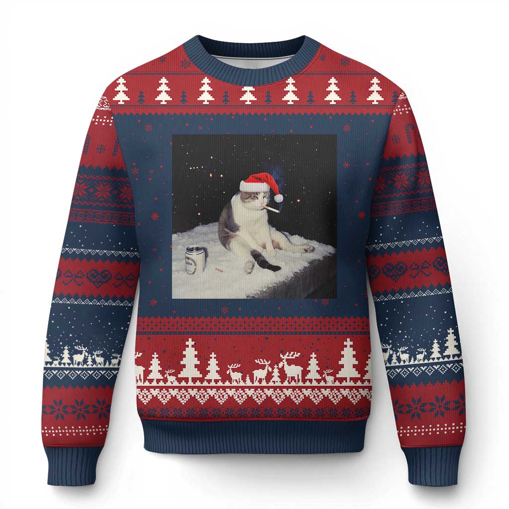 Funny Smoking Cat Xmas Meme Ugly Christmas Sweater - Wonder Print Shop