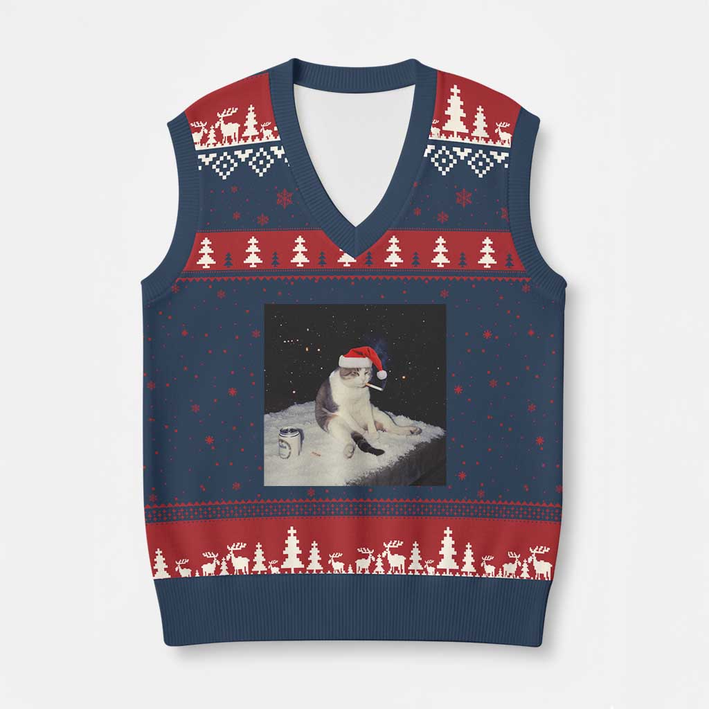 Funny Smoking Cat Xmas Meme V-Neck Knit Sweater Vest - Wonder Print Shop
