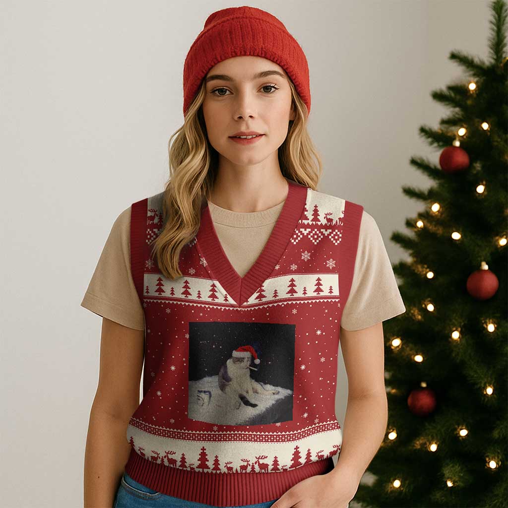 Funny Smoking Cat Xmas Meme V-Neck Knit Sweater Vest - Wonder Print Shop