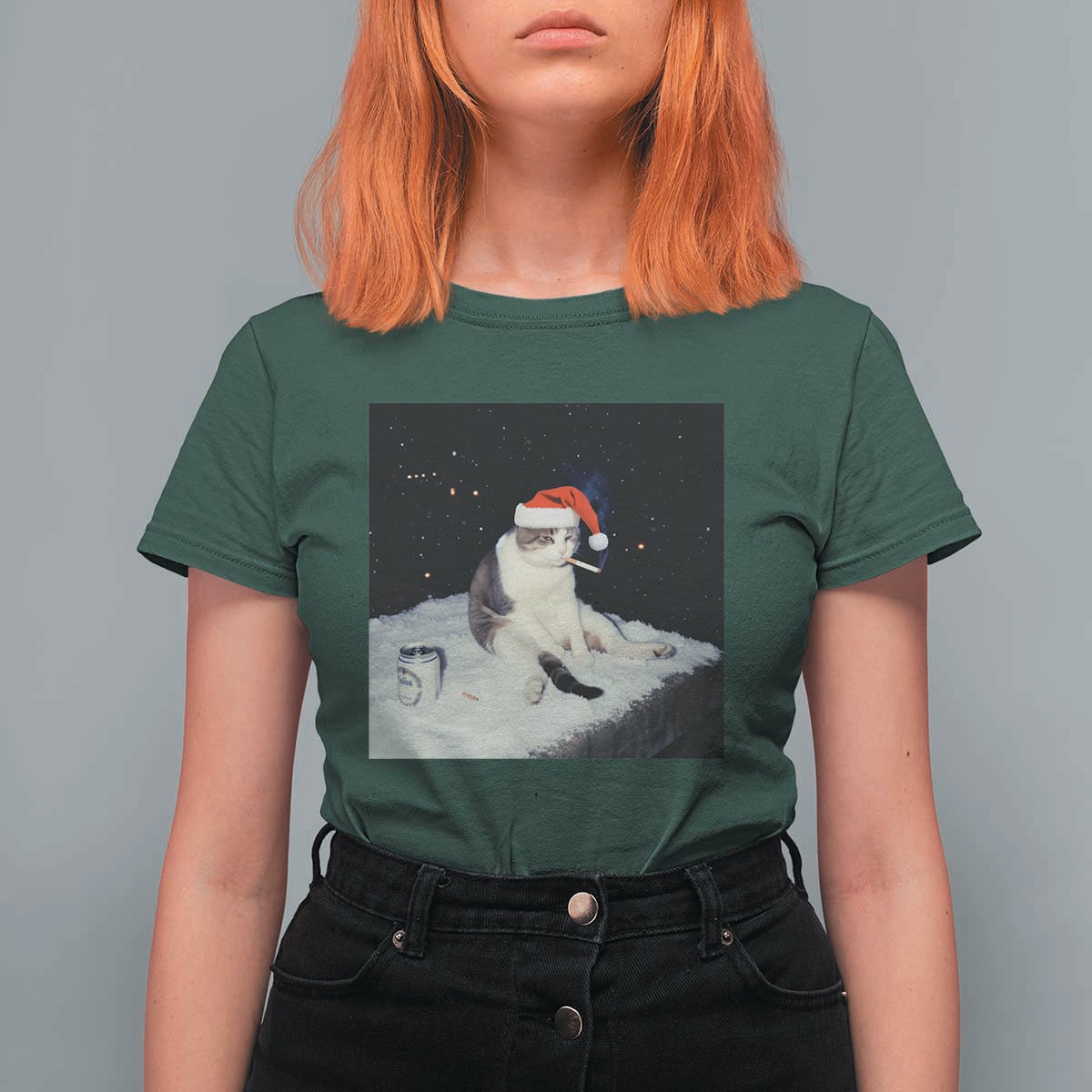 Funny Smoking Cat Christmas Meme T Shirt For Women - Wonder Print Shop