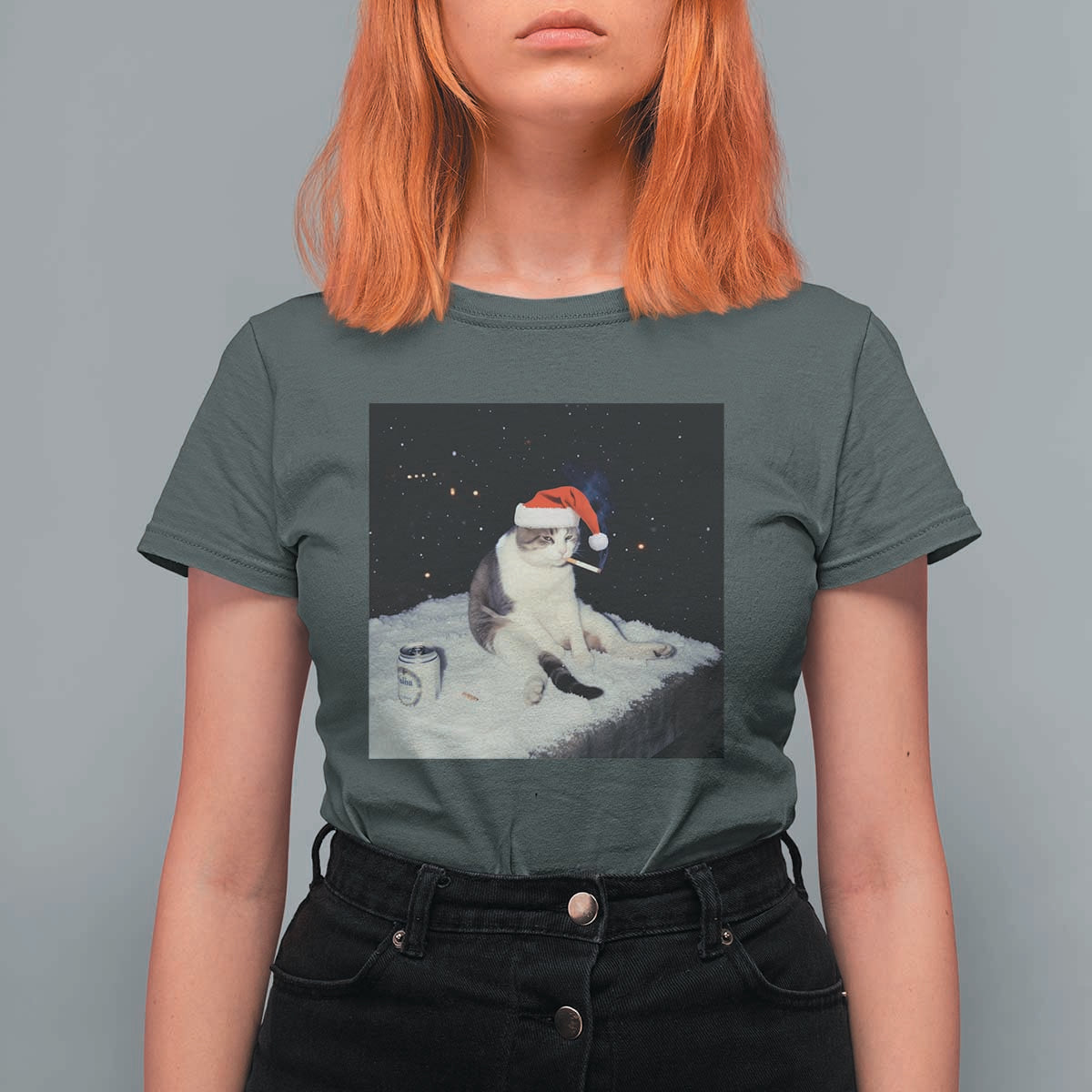 Funny Smoking Cat Christmas Meme T Shirt For Women - Wonder Print Shop