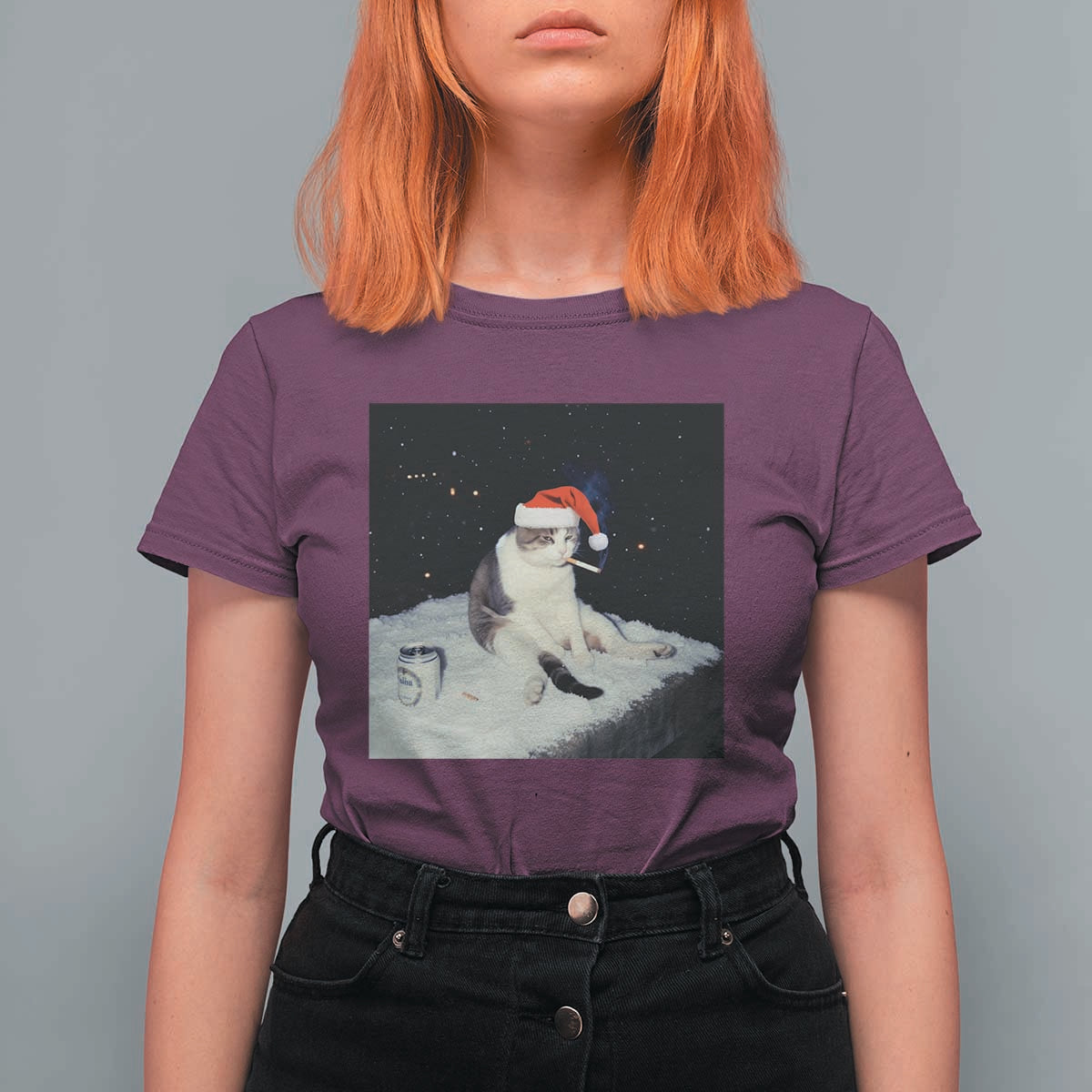 Funny Smoking Cat Christmas Meme T Shirt For Women - Wonder Print Shop