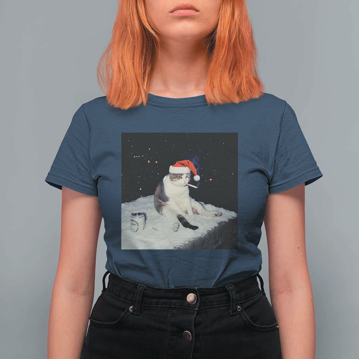 Funny Smoking Cat Christmas Meme T Shirt For Women - Wonder Print Shop