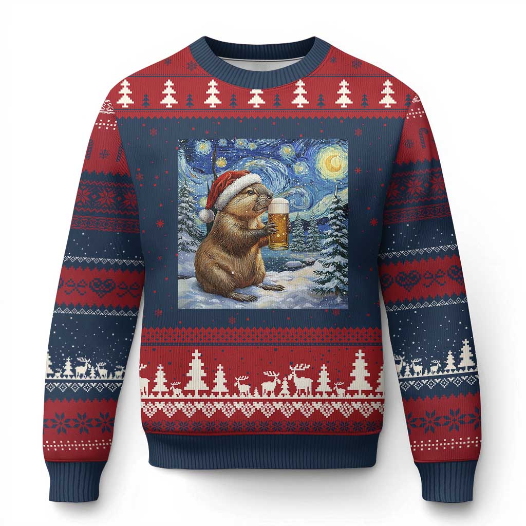 Otter Beer Xmas Ugly Christmas Sweater Starry Night Van Gogh - Wonder Print Shop