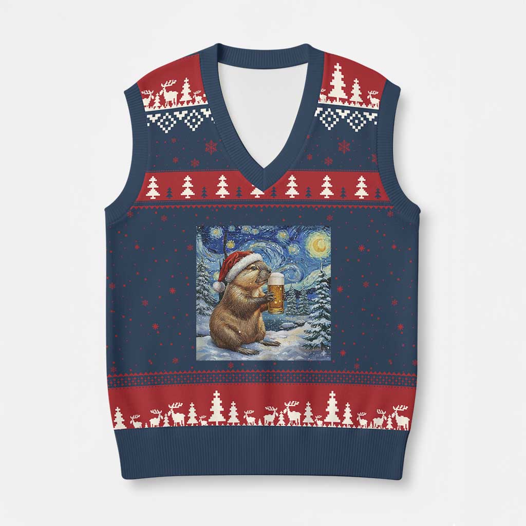 Otter Beer Xmas V-Neck Knit Sweater Vest Starry Night Van Gogh - Wonder Print Shop