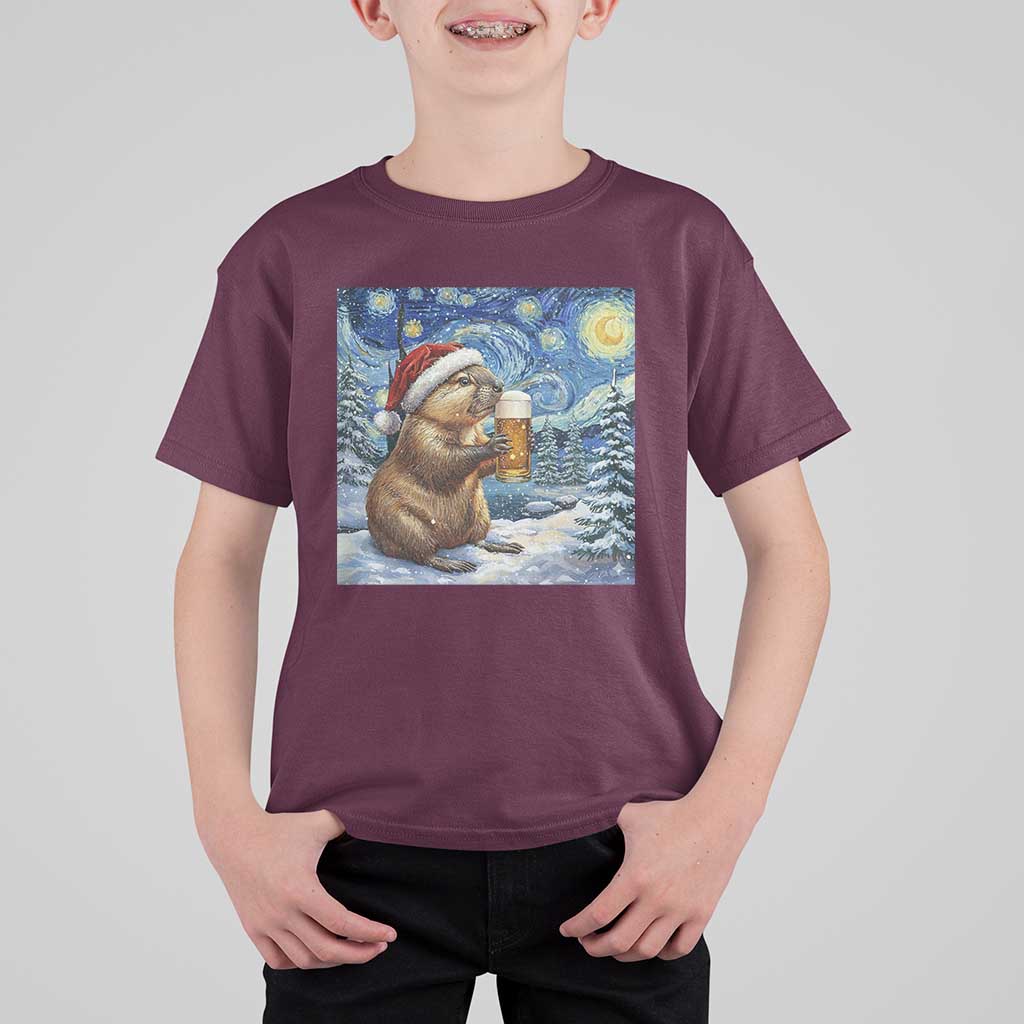 Otter Beer Christmas T Shirt For Kid Starry Night Van Gogh - Wonder Print Shop