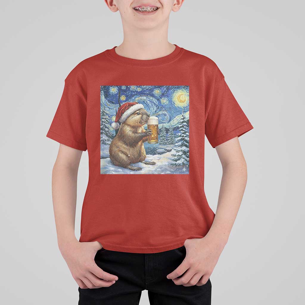 Otter Beer Christmas T Shirt For Kid Starry Night Van Gogh - Wonder Print Shop