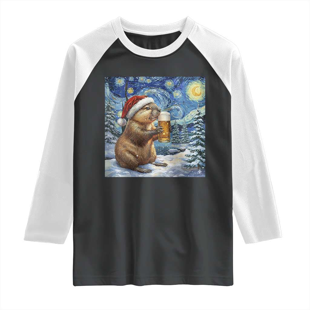 Otter Beer Christmas Raglan Shirt Starry Night Van Gogh - Wonder Print Shop